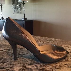Michael Kors peep toe pumps, metallic pewter.
